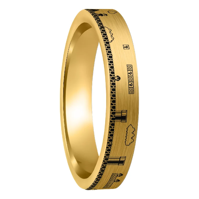 Rings For Golden Sunsets-Super Mario Bros Brushed Gold Tungsten Women's Wedding Band