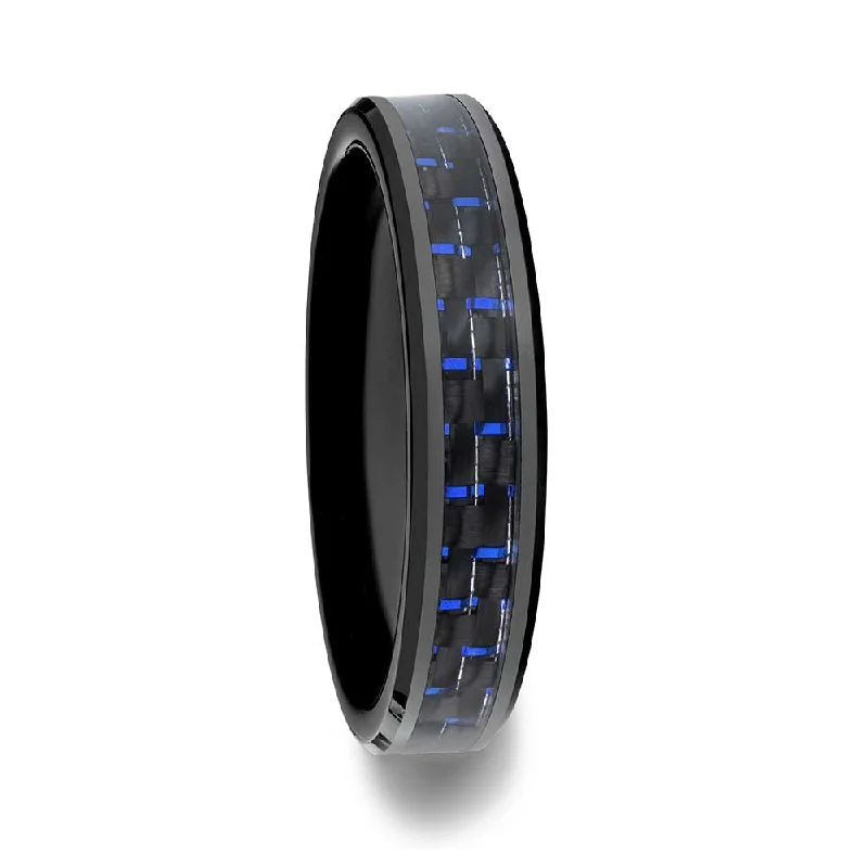 Rings For Rainy Shine-Black Ceramic Women's Wedding Band with Blue & Black Carbon Fiber Inlay