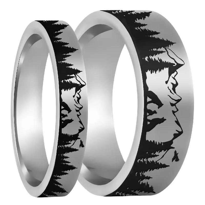 Rings Anchor Durability-Wolf Landscape Scene Tungsten Couple's Matching Wedding Band Set