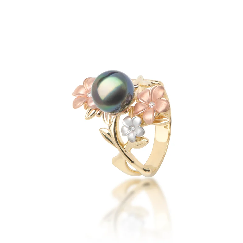 Rings Preservation Tips-Pearls in Bloom Plumeria Tahitian Black Pearl Ring in Tri Color Gold with Diamonds - 22mm