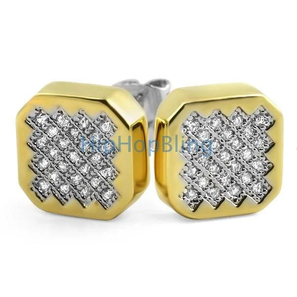 Earrings With Raw Finish-Zig Zag Iced Out CZ Gold Hip Hop Earrings