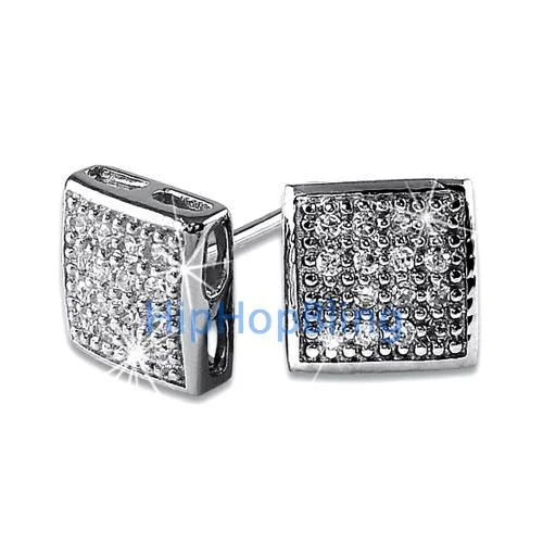 Earrings Clasp Hold-32 Stones Puffed Box CZ Micro Pave Earrings .925 Silver