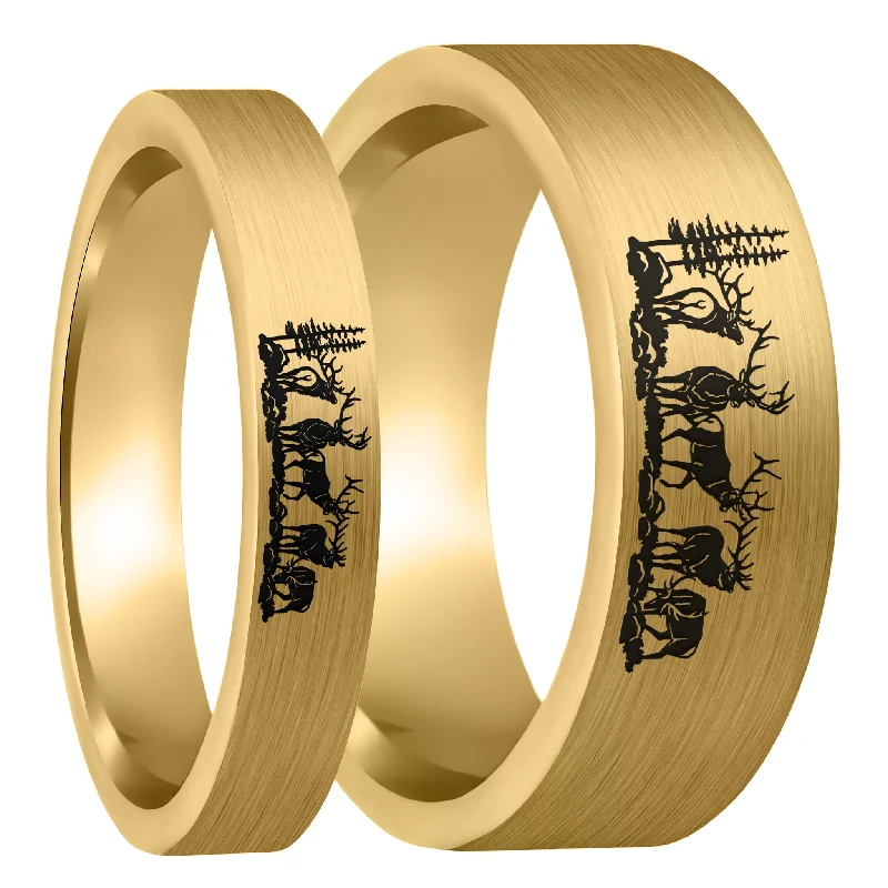 Jagged Rings For Edge-Bull Elk Brushed Gold Tungsten Couple's Matching Wedding Band Set