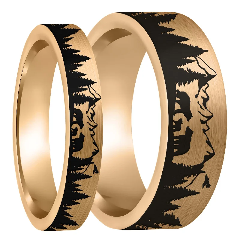 Rings For Vibrant Flash-Bear & Cubs Landscape Scene Brushed Rose Gold Tungsten Couple's Matching Wedding Band Set