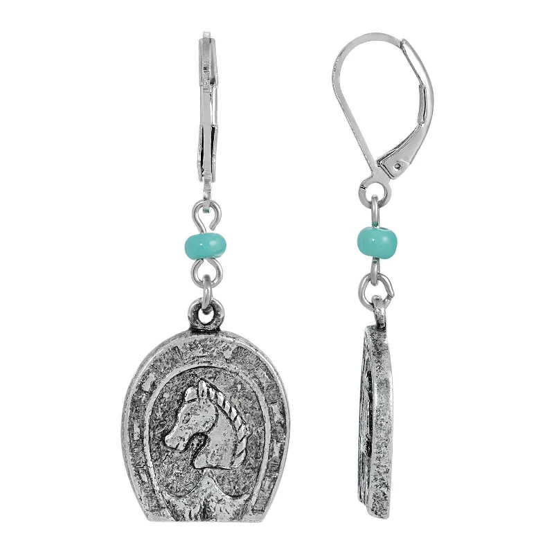 Earrings With Spiral Lines-1928 Jewelry Southwest Turquoise Bead Horseshoe & Horse Drop Earrings