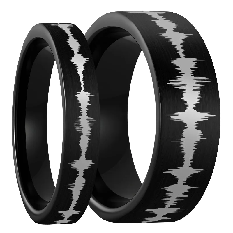 Rings Worth Tips-Custom Soundwave Brushed Black Tungsten Couple's Matching Ring Set