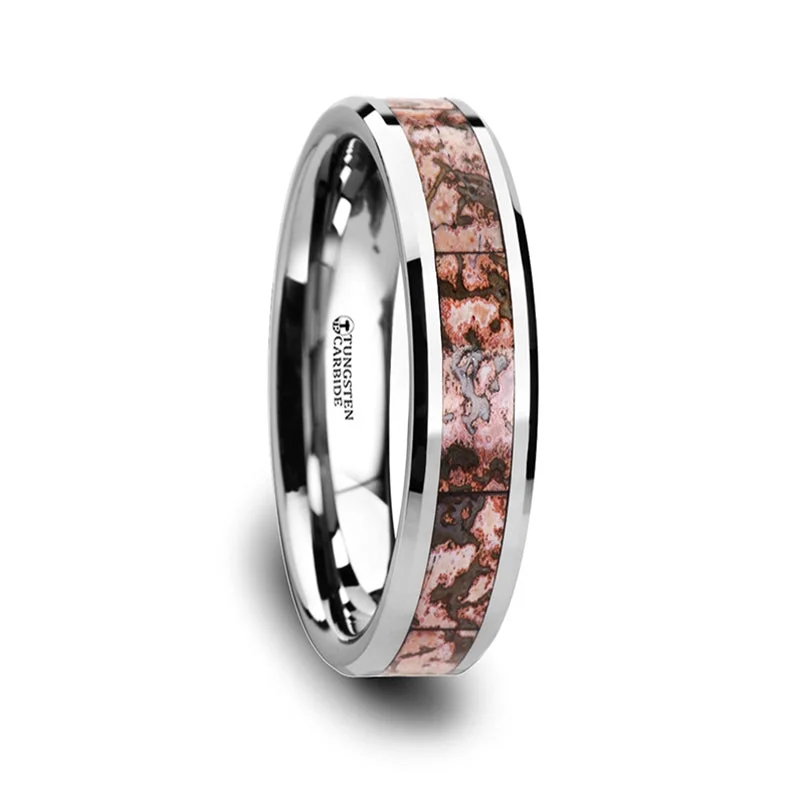 Best Dense Rings-Pink Dinosaur Bone Inlaid Tungsten Women's Wedding Band