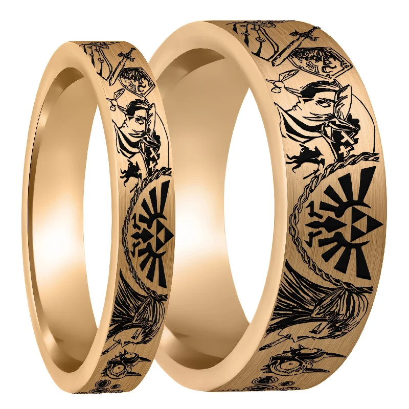 Rings Glow Hacks-Legend of Zelda Brushed Rose Gold Tungsten Couple's Matching Wedding Band Set