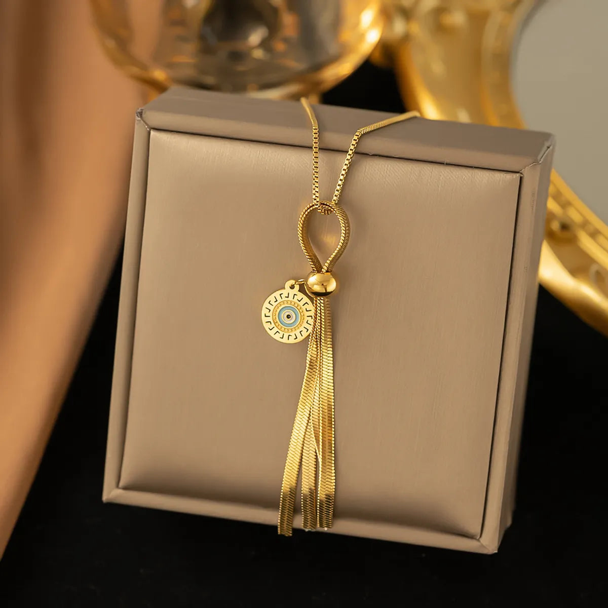 Necklaces Surety Info-Roman Style Devil's Eye Tassel Titanium Steel 18k Gold Plated Artificial Diamond Pendant Necklace In Bulk