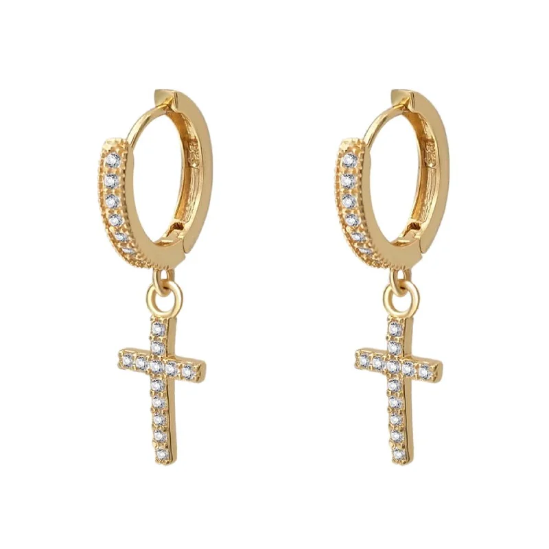 Earrings Hold Hints-Tennis Cross Dangling Huggie Hoop CZ Iced Out Earrings .925 Silver