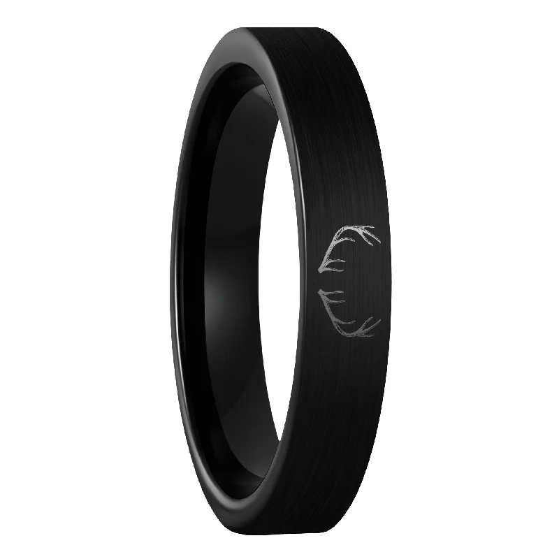 Rings For Gala Glow-Antler Engraved Brushed Black Tungsten Women's Wedding Band