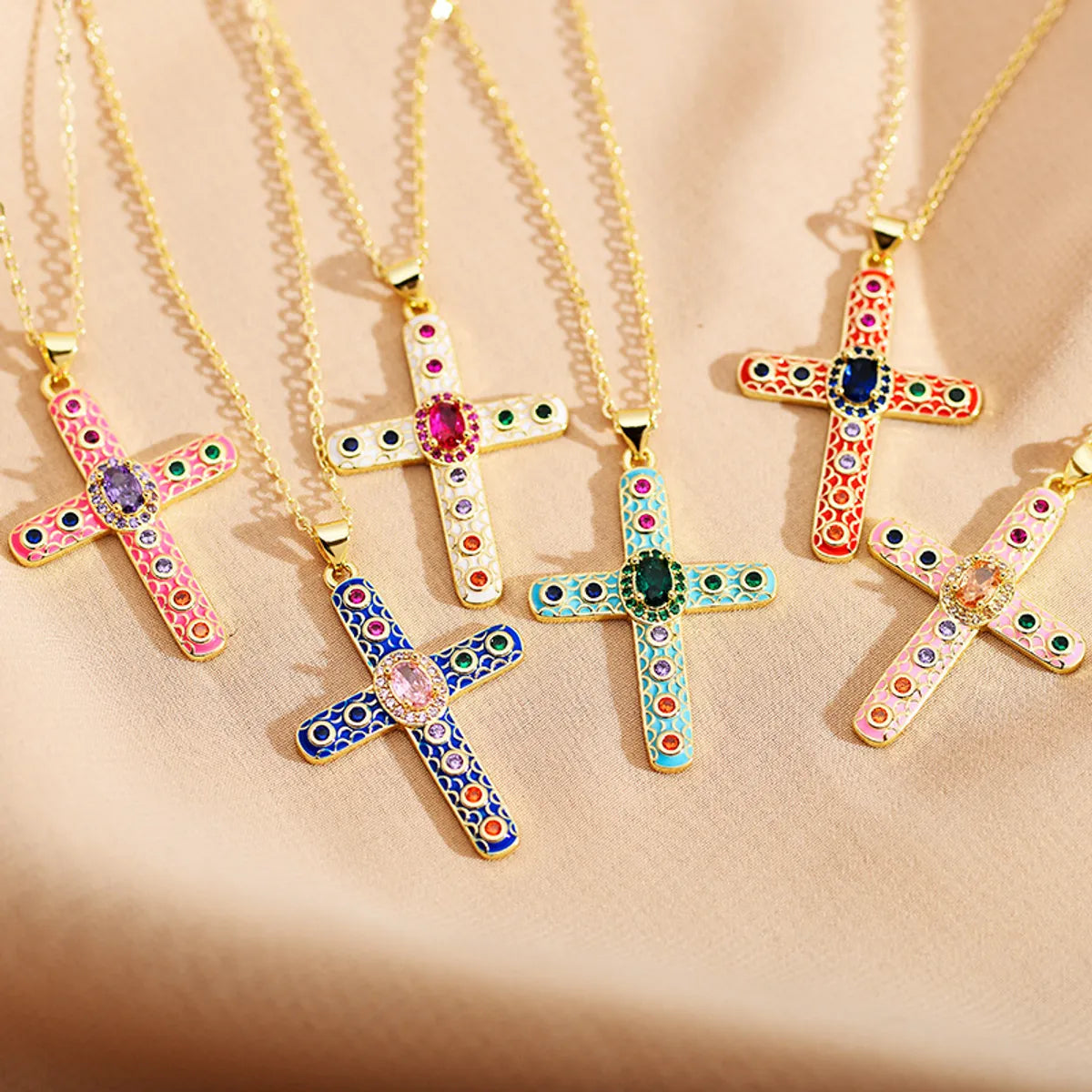 Necklaces For Soft Shine-Roman Style Cross Steel Enamel Plating Inlay Zircon Pendant Necklace