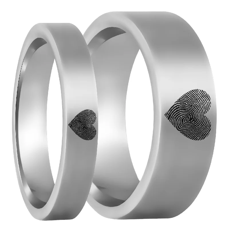 Rings For Hustling Grown-Ups-Custom Heart Fingerprint Tungsten Couple's Matching Ring Set