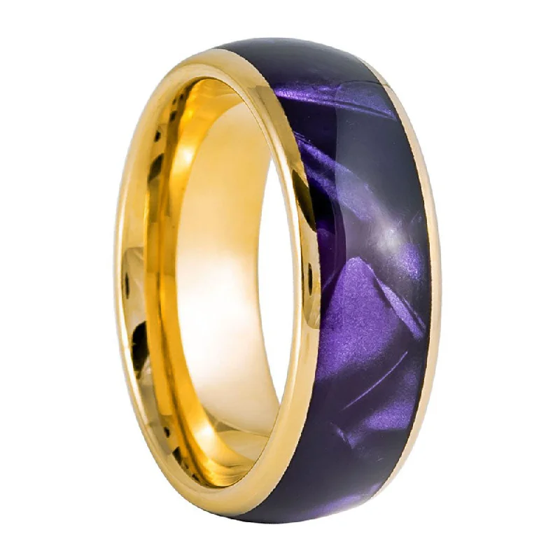 Value Rings For Clever Finds-Gold Tungsten Men's Wedding Band with Purple Shell Inlay