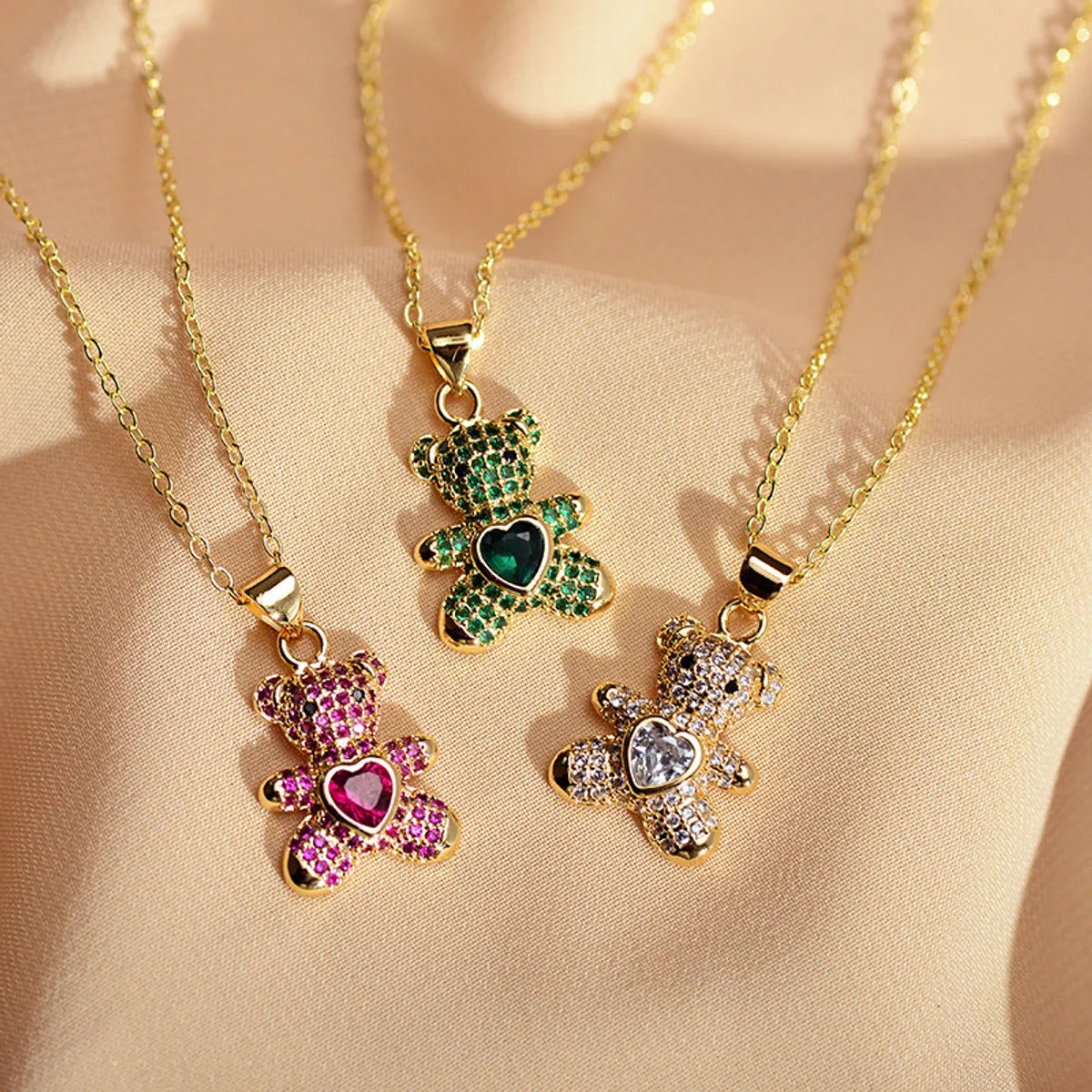 Necklaces For Tween Years-Cute Little Bear Copper Plating Inlay Zircon Pendant Necklace