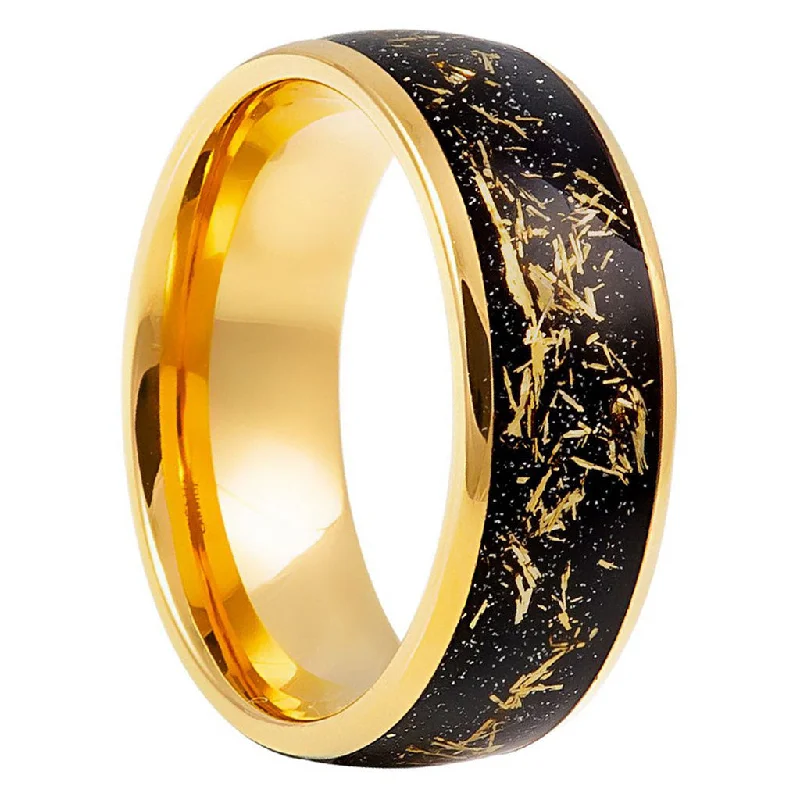 Rings For Chunky Pendants-Meteorite Inspired Black & Gold Tungsten Men's Wedding Band