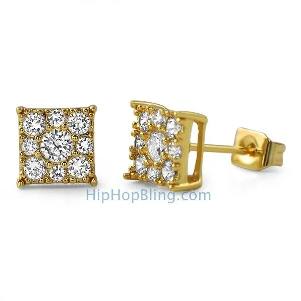 Earrings For Sharp Brows-Square Cluster Gold CZ Bling Bling Earrings