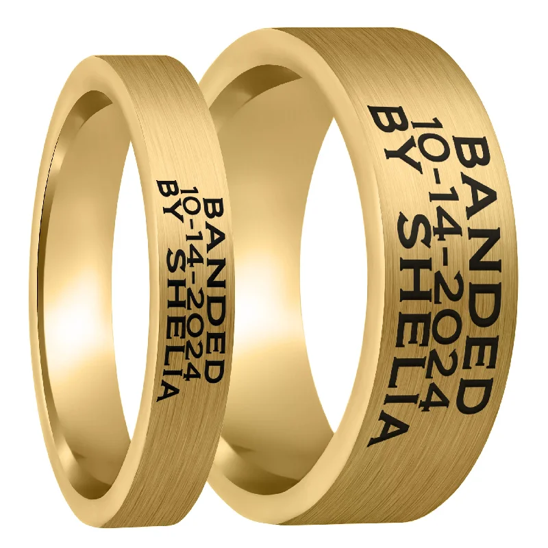 Rings Shimmer Ratings-Duck Band Custom Engraved Brushed Gold Tungsten Couple's Matching Ring Set