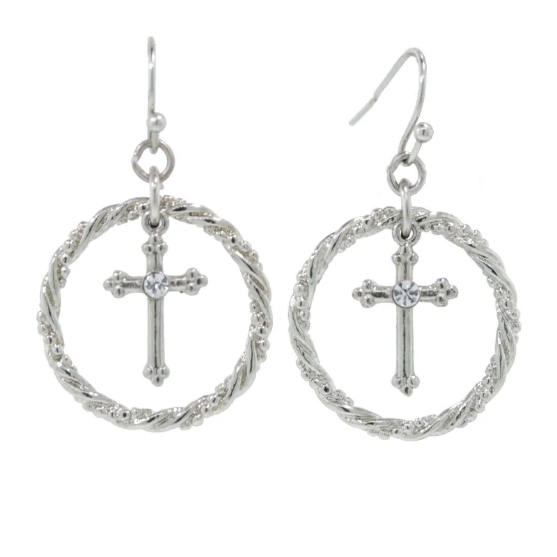 Best Clean Earrings-1928 Jewelry Suspended Crystal Accent Cross Silver Rope Hoop Drop Earrings