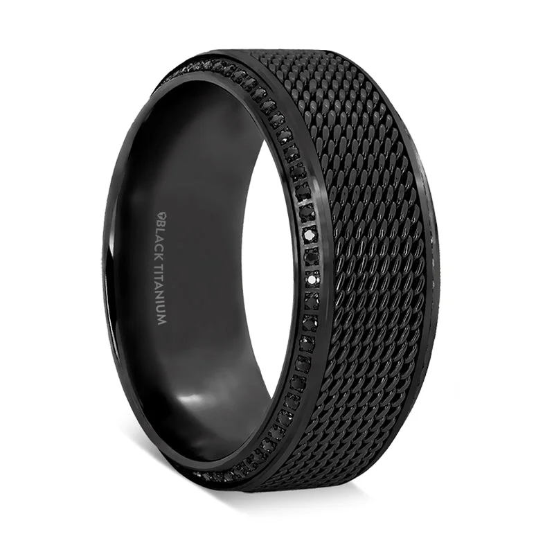 Rings For Braided Bands-Steel Chain Black Titanium Men's Wedding Band with Black Diamonds