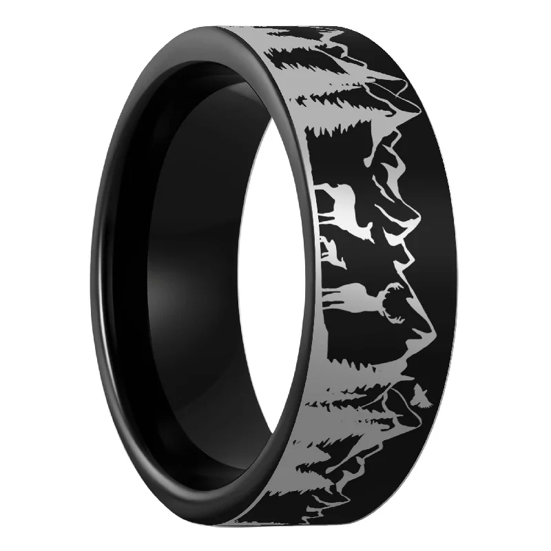 Rings For Icy Mornings-Deer & Mountain Range Black Tungsten Men's Wedding Band