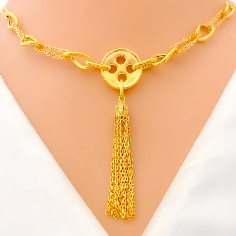 Best Thick Necklaces-Polished Dangling Button 21k Gold CZ Necklace