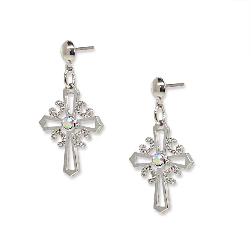 Earrings Wear Test-Symbols Of Faith AB Crystal Cross Post Drop Earrings