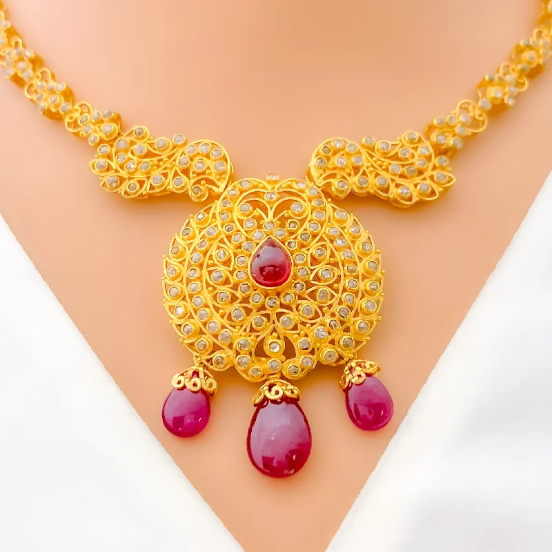 Best Form Necklaces-Majestic Ruby Drop 22k Gold Polki Necklace Set