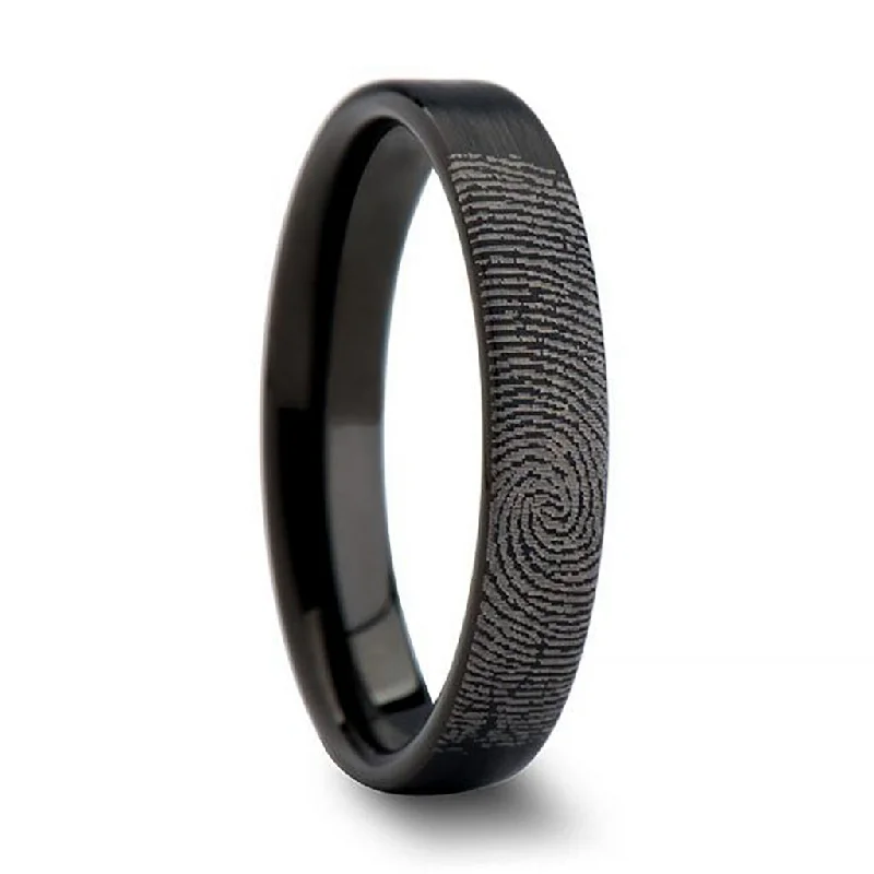 Rings For Gentle Spark-Custom Fingerprint Engraved Brushed Black Tungsten Women's Ring