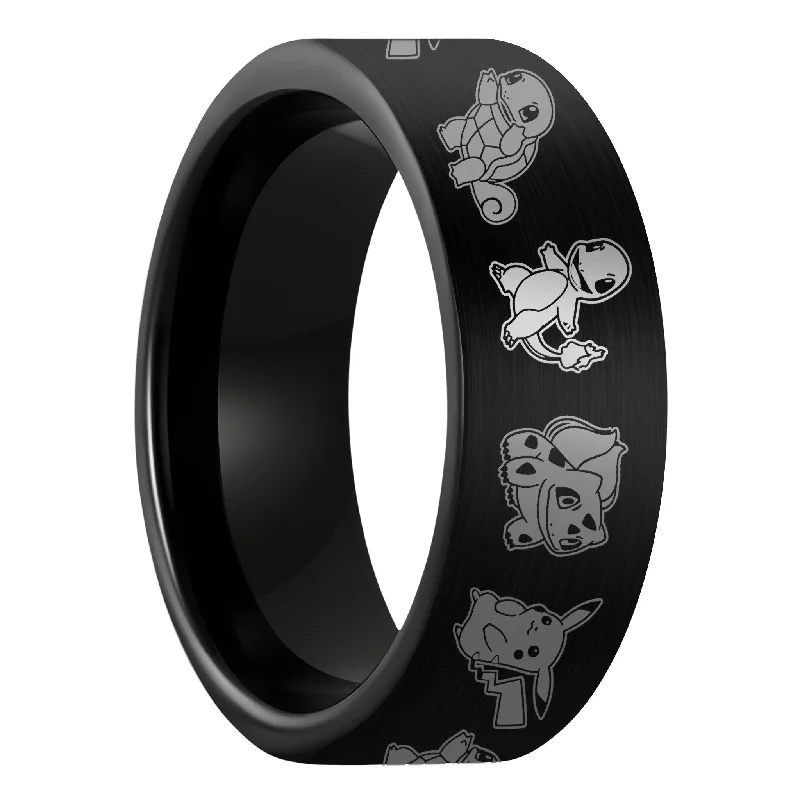 Rings With Sturdy Bands-Pokemon Brushed Black Tungsten Men's Wedding Band