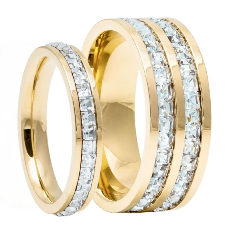 Rings Radiance Reviews-Gold Titanium & Cubic Zirconia Couple's Matching Wedding Band Set