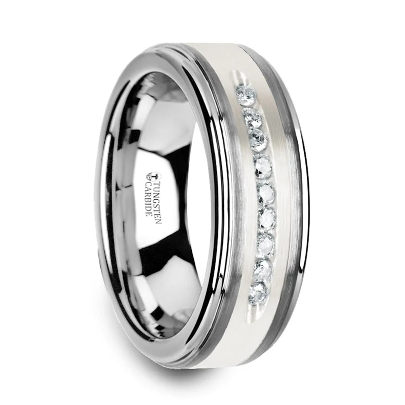 Cool Rings For Calm-Tungsten Men's Wedding Band with Silver Inlay and 9 Diamonds