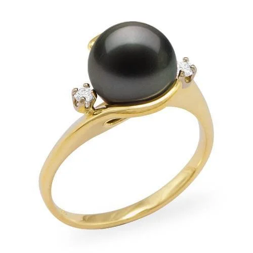 Rings For Gothic Allure-Tahitian Black Pearl Ring in Gold with Diamonds - 9-10mm