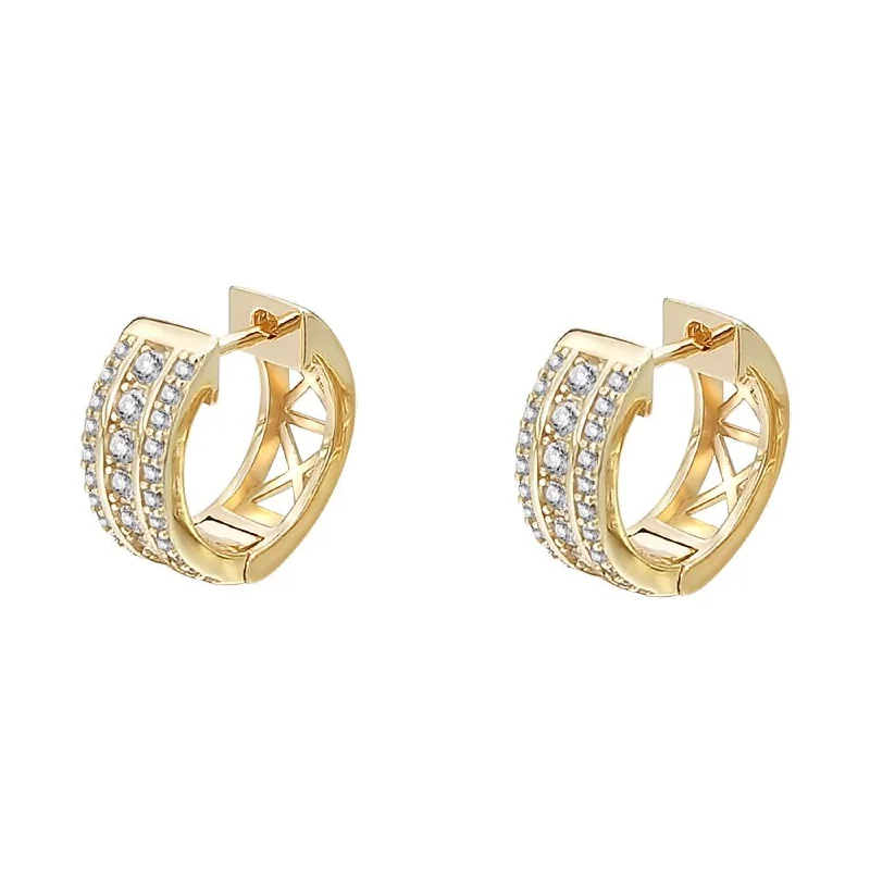 Earrings For New Youth-Triple Row CZ Huggie Hoop Iced Out Earrings .925 Silver