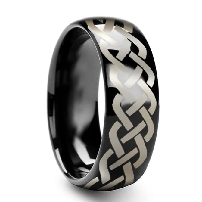 Rings With Brushed Look-Black Tungsten Wedding Band with Celtic Knot Design