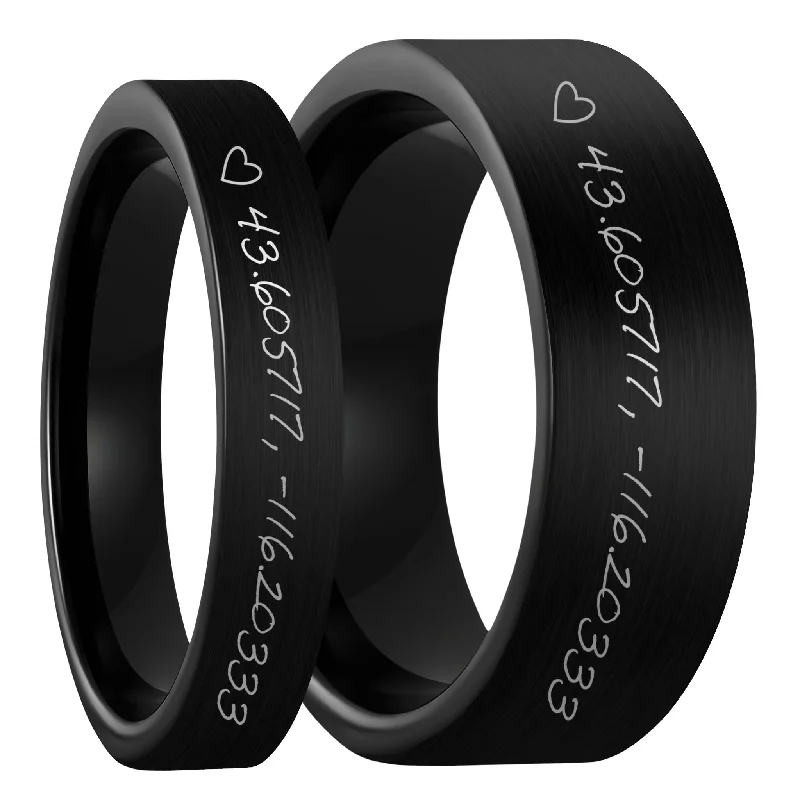 Rings For Nomadic Flair-Custom Handwritten Coordinates Brushed Black Tungsten Couple's Matching Ring Set