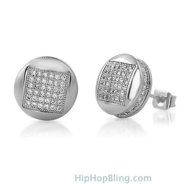 Earrings Beam Guide-3D Square in Circle Rhodium CZ Bling Bling Earrings