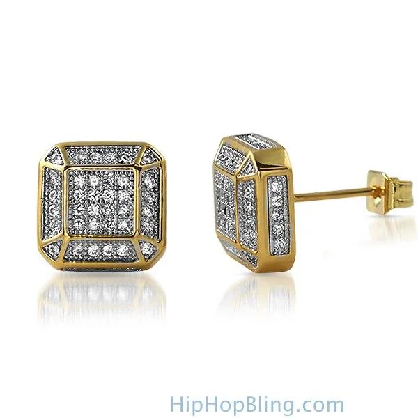 Calm Earrings For Wear-3D Smooth Box Gold CZ Micro Pave Bling Earrings