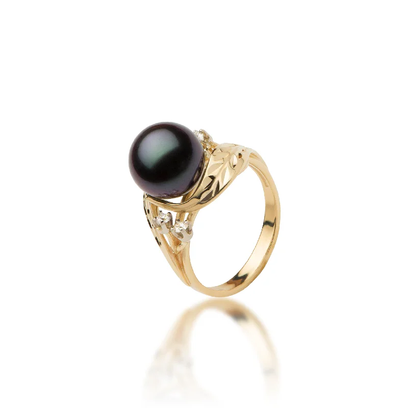 Rings For Icy Mornings-Maile Tahitian Black Pearl Ring in Gold with Diamonds - 9-10mm