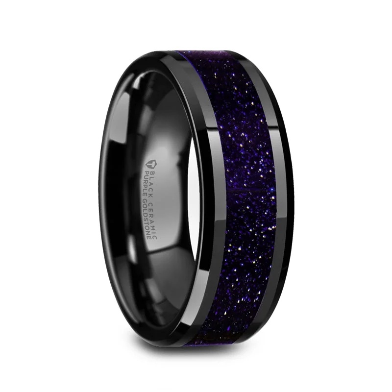 Rings For Chilly Seasons-Black Ceramic Polished Men's Wedding Band with Purple Goldstone Inlay