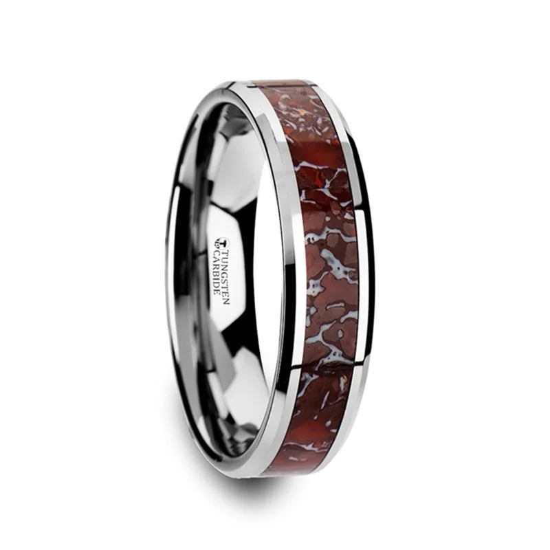 Rings Worth Tips-Red Dinosaur Bone Inlaid Tungsten Women's Wedding Band