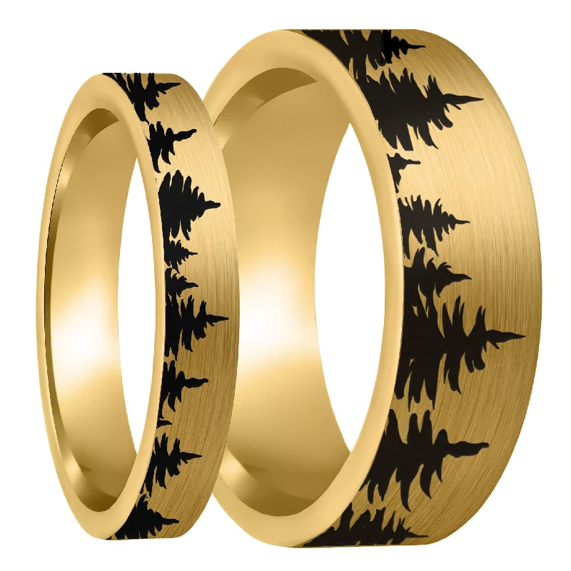 Rings With Hidden Clasps-Treeline Brushed Gold Tungsten Couple's Matching Wedding Band Set