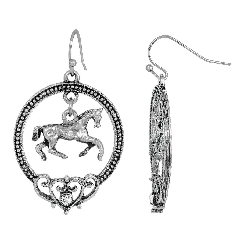 Earrings Build Reviews-1928 Jewelry Antiqued Pewter Galloping Horse Drop Earrings