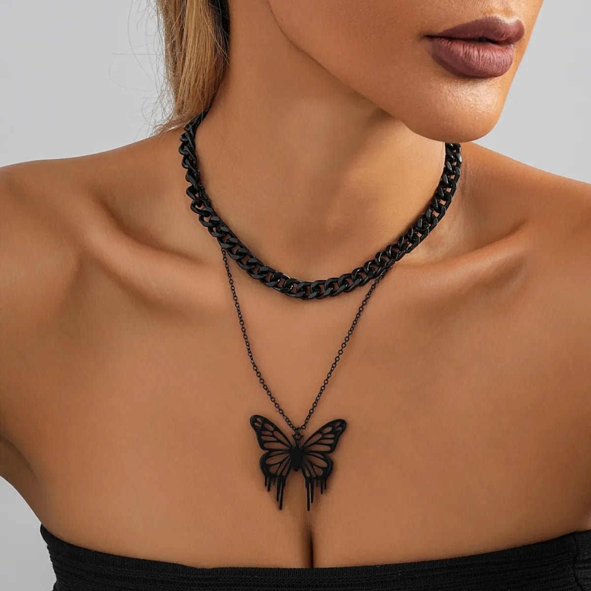 Necklaces With Wide Links-Streetwear Butterfly Stainless Steel Layered Necklaces In Bulk