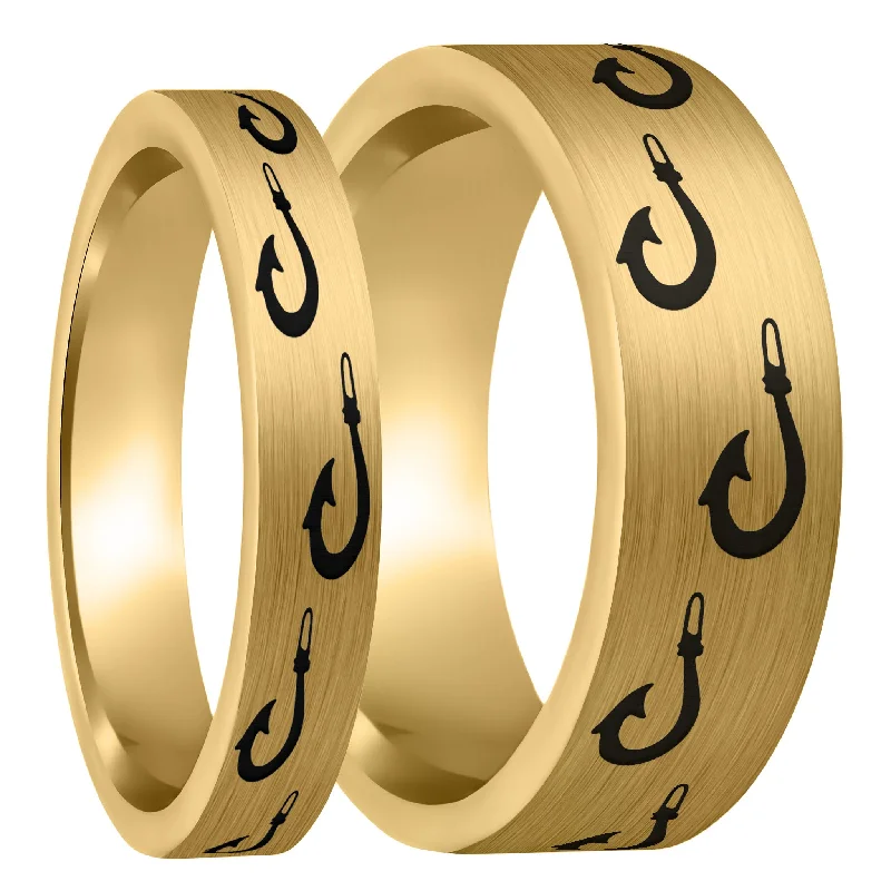 Rings For Whimsical Grace-Polynesian Fishing Hook Brushed Gold Tungsten Couple's Matching Wedding Band Set