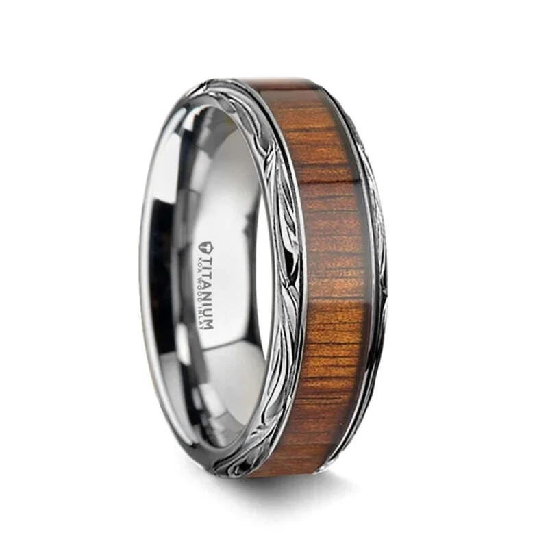 Rings For Verdigris Tones-Intricate Edge Titanium Women's Wedding Band with Koa Wood Inlay