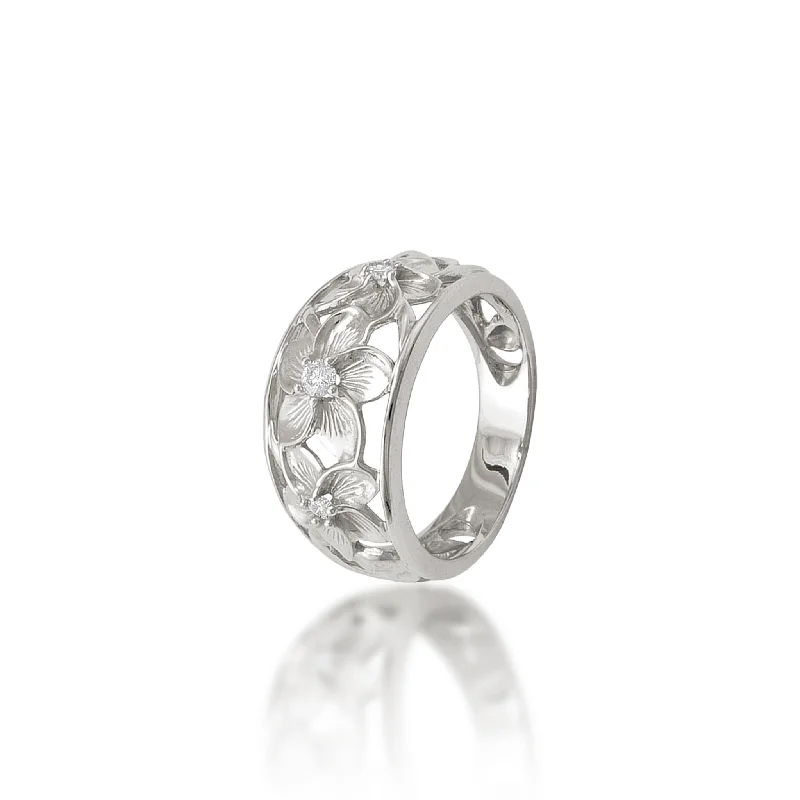 Rings With Jagged Contours-Hawaiian Heirloom Plumeria Ring in White Gold with Diamonds - 11mm