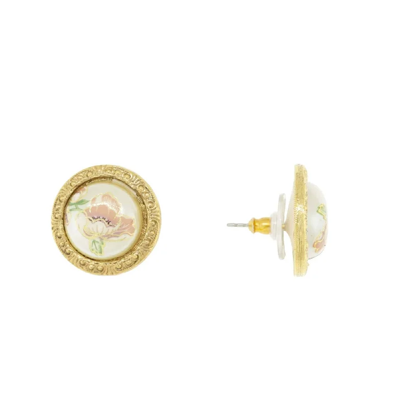 Earrings For Coffee Runs-1928 Jewelry Flower Decal Faux Pearl Round Button Earrings