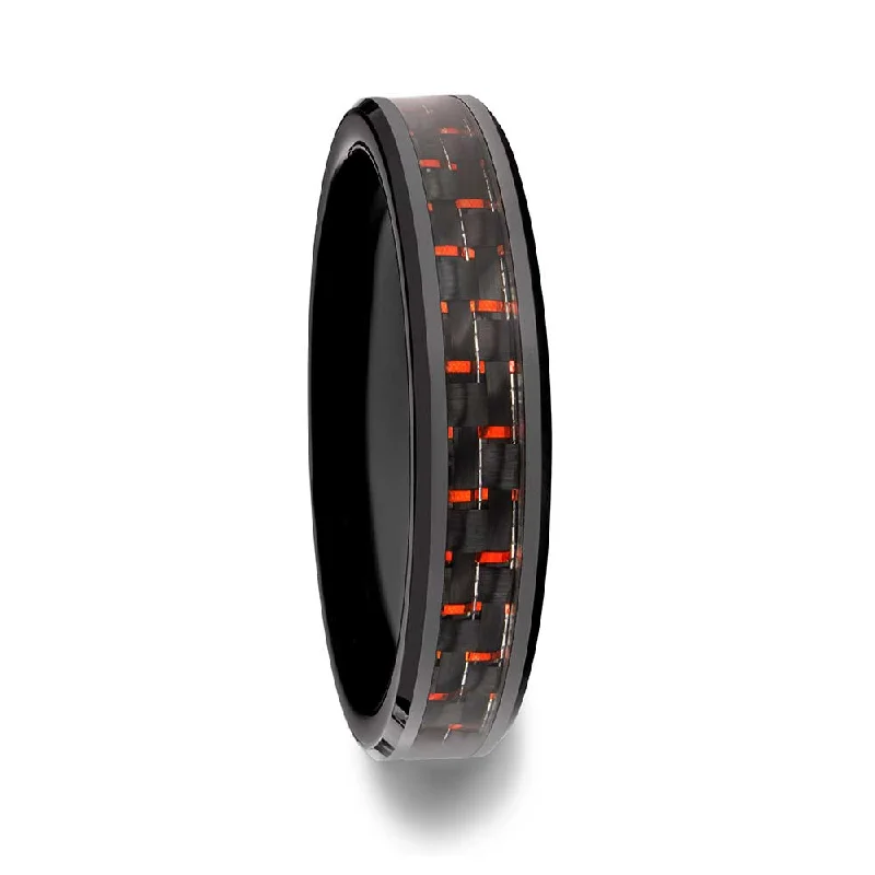 Rings For Solo Gleam-Black Ceramic Women's Wedding Band with Black & Red Carbon Fiber Inlay