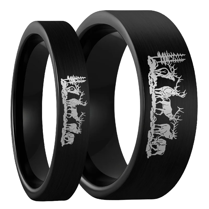 Rings For Rainy Shine-Bull Elk Brushed Black Tungsten Couple's Matching Wedding Band Set